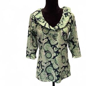 Gretchen Scott 3/4 Sleeve Ruffneck Paisley Blouse Top, Green/Navy,Elegant Chic
